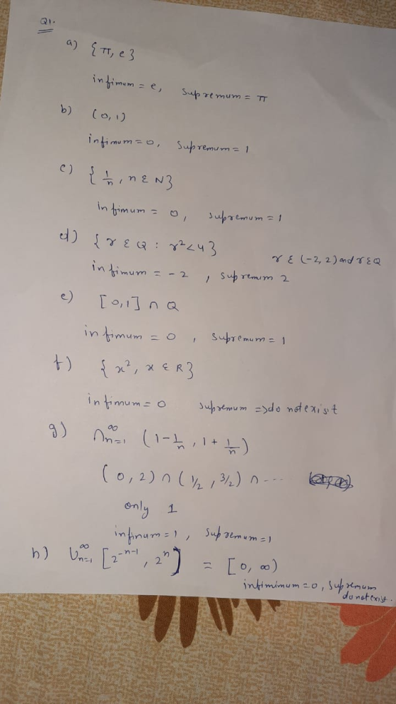 a) {TT, e 3 infimum = e, Supremum = TT infimum=o, Supremum=1 e) {hinen in fimum ed) {rea: 82243 in fimum supremum=1 are (-2,