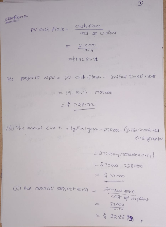 solution & PV cash flows = cash flows cost of capital 270000 0.14 =$1928572 a) projects NPV = PV cash flows - Initial Investm