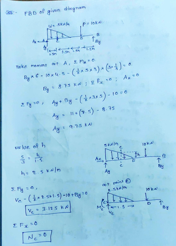 E Fx = 0 FBD of given dicognoom we Skal Paloka A Af T BY 4. sn + 1.5m 1.5M Toke moment of A, EMA = 0. By x 6 - 10x4.5-($*5*3)