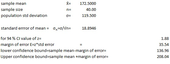 sample mean sample size population std deviation X= 172.5000 40.00 n= 119.500 standard errror of mean ao/Vn 18.8946 for 94 %