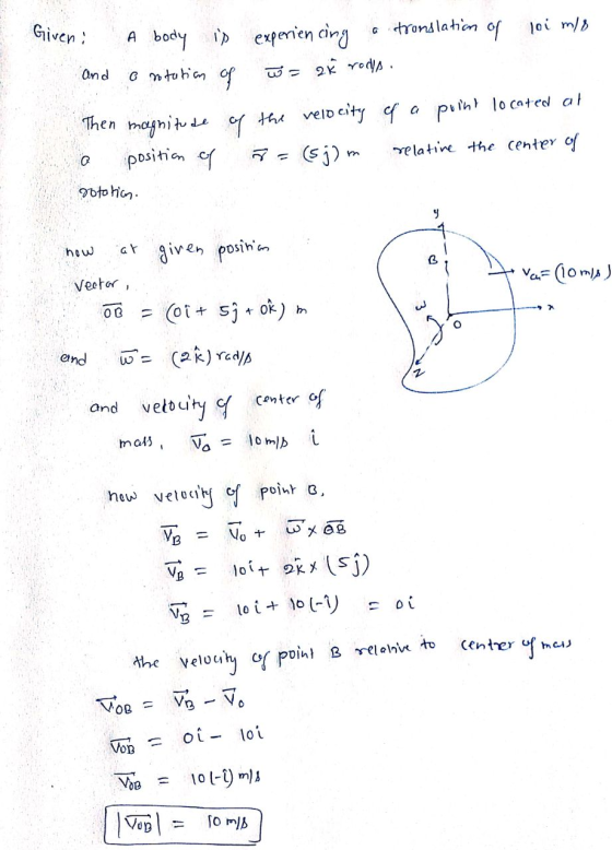 Giveni and A body is experiencing a translation of loi m/8 o notation of = 2 rods Then magnitude of the ocity of a point loca