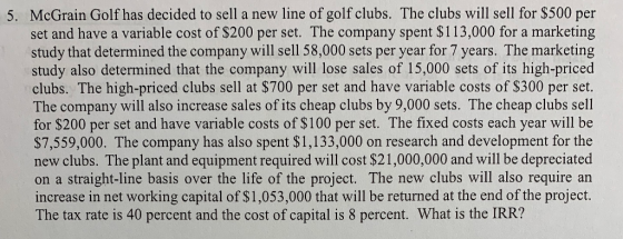 5. McGrain Golf has decided to sell a new line of golf clubs. The clubs will sell for $500 per set and have a variable cost o