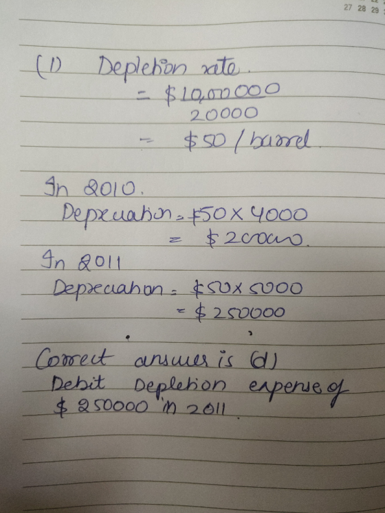 27 28 29 (1 Depletion nate. = $.29,000000 20000 $50 / barrel In 2010. Depruation. 4500 4000 = $2coco. In 2011 Depreciahon & S