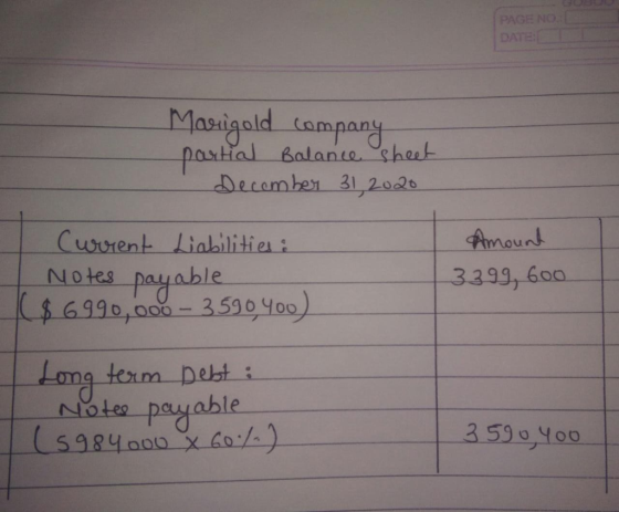 Marigold company partial Balance sheet December 31, 2020 Current Liabilities: Notes payable $6.990,000 - 3590.400) Amount 339