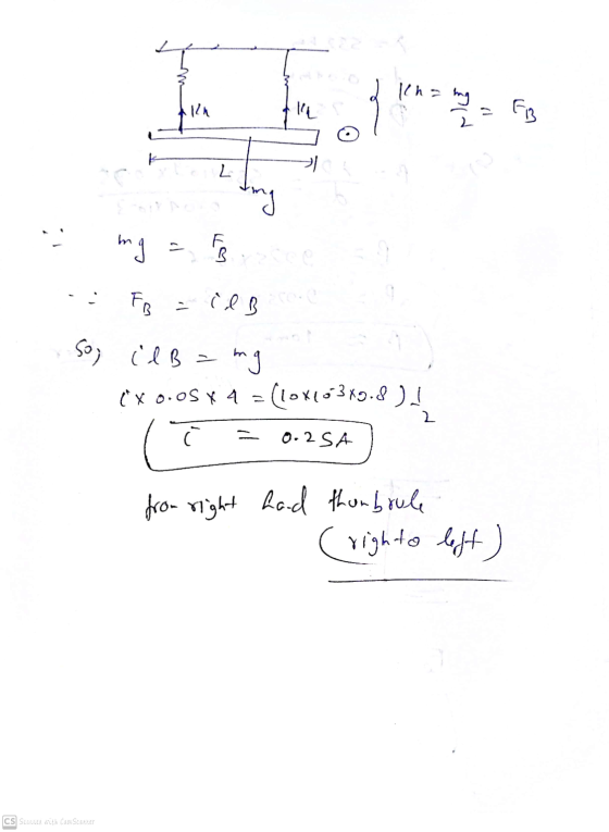 Icha my In ille FB L mg P ce FB = idB So, il B = mg xo.osx 4 = (lox163x0.8) 2 ( 0.2 SA from right hand thonbrule (righ to l