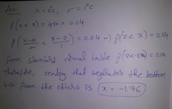Ans: u=oc, o = 10 P ( xx x) = 480 = 0.04 - P(x-4 < x-0) = 0.04-) p/2cX) = 0.04 from standard normal bable P(2<-176) = 0.04 Th