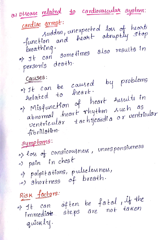(e) Disease related to cardiovascular system: cardiac arrest: 1 sudden, unexpected loss of heart function and heart abruptly