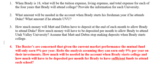 When Brady is 18, what will be the tuition expense, living expense, and total expense for each of the four years that Brady w