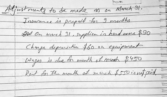 1Page N3 as on on March 31. Adjustments to be made Insurance is prepaid for 9 months Ad On march 31 nouch 31, supplier in han