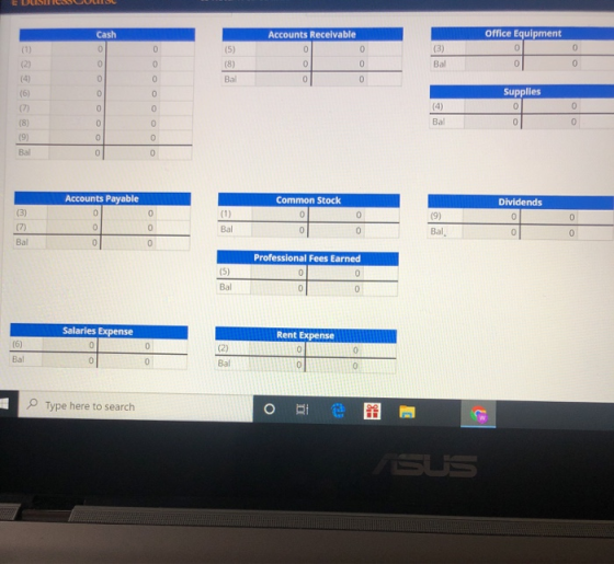 E DLISTICOSCULIS Cash Accounts Receivable Office Equipment Bal 0 Bal Supplies 4) Bal 0 0 Bay Accounts Payable Common Stock Di