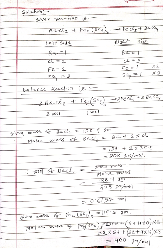 solution given reaction is Ballz + Fez (504)3 Left side Ba=1 a=2 Fe=2 soy = 3 balance Reaction feelz + Basoy Regent side Ba=1