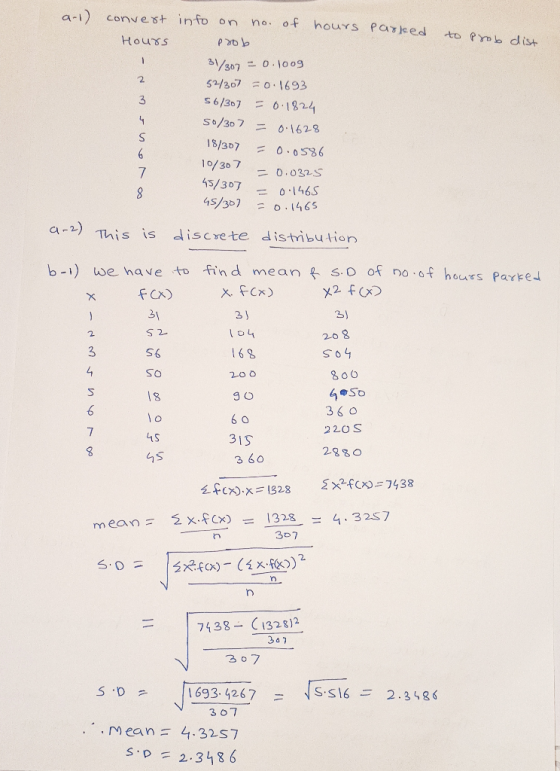 a-l convext parked to prob dist Hours -Nm-nos into on no. of hours prob 31/07 = 0.100g 52/307 -0.1693 56/307 = 0.1824 50/30 7