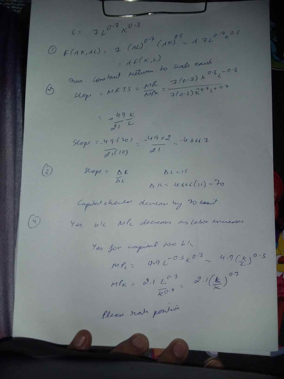 FCAK,AL) = 7 (AL) (AK) = 1720.40.3 72 0.7 No.3 03 7 hus = do(ku) Constant retwen to scall exist = MRTS = Mke 7(0.7) K 03 -0.3