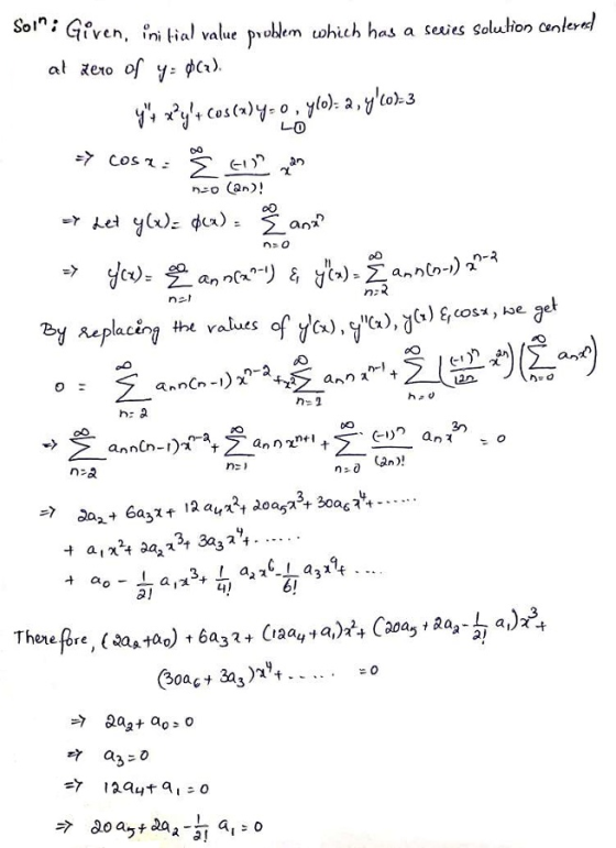 Soin: Given, initial value problem which has a series Solution centered) al mero of y=0(). ys xy+ cos(x)y=0; y(0)= a, y(o)