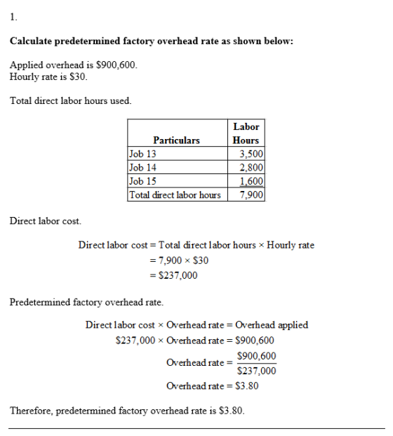 Calculate predetermined factory overhead rate as shown below: Applied overhead is $900,600 Hourly rate is S30 Total direct la