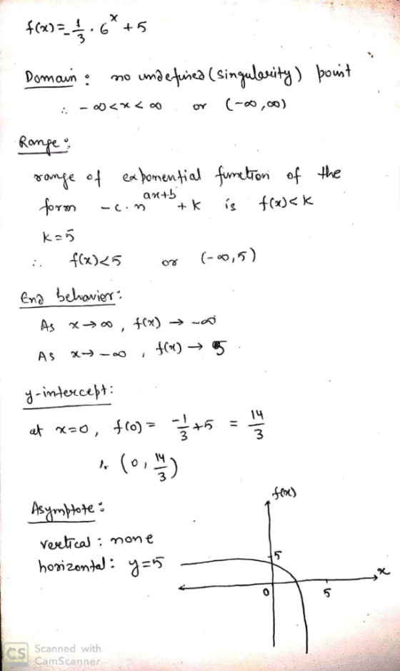 f(n.6*+5 Domain: no undefined (singularity) poust. -00<x< o r (-00,00) Range: range of exbomential function of the form - c.