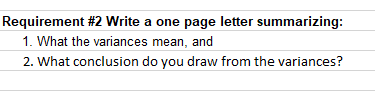 Requirement #2 Write a one page letter summarizing: 1. What the variances mean, and 2. What conclusion do you draw from the v