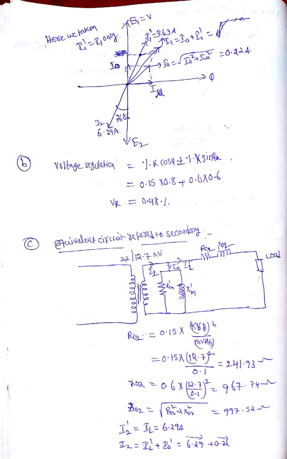 TEEV 3.631 Here we taken I=8, only To H B = 3 su 20.224 Iza 6.29A VEN b Voltage regulation J. R Cos« 3 Xsinga = 0.15 X0.870,