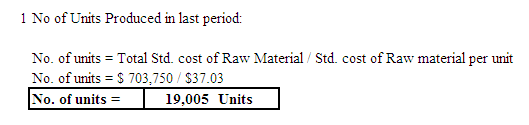 1 No of Units Produced in last period: No. of units = Total Std. cost of Raw Material /Std. cost of Raw material per unit No.