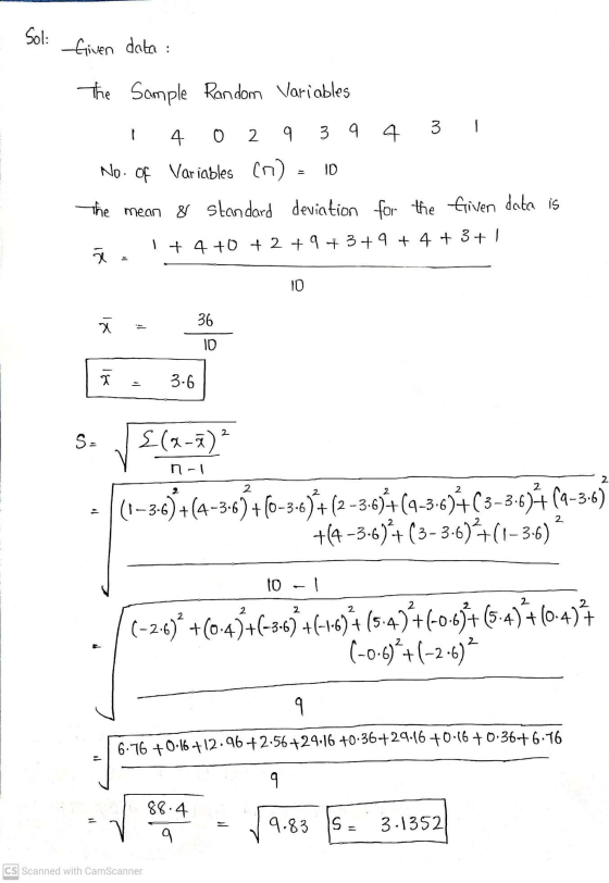 Sol: Given data : The Sample Random Variables 4 0 2 9 3 1 3 94 No. of Variables in) The mean & standard deviation for the fiv