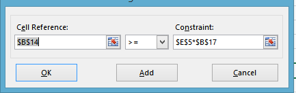 Cell Reference: $B$14 E > Constraint: SES5*$B$17 OK Add Add Cancel