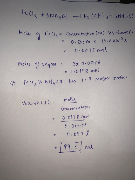 ed, t 3 N N you fe con l3 + 3 NN 4 cl moles of feelz = concentration (m) x volumeld = 0.550m x 12.08103 l = 0.00 66 mol Melu