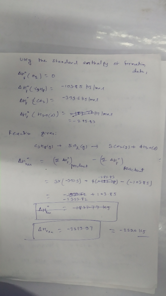 usty the standard enthalpy or formation data, Ato (op) = 0 AK (Carp) = -103.85 kJ / mee Ari Ecog) = -393.5 kg /mol Arg (Hooce