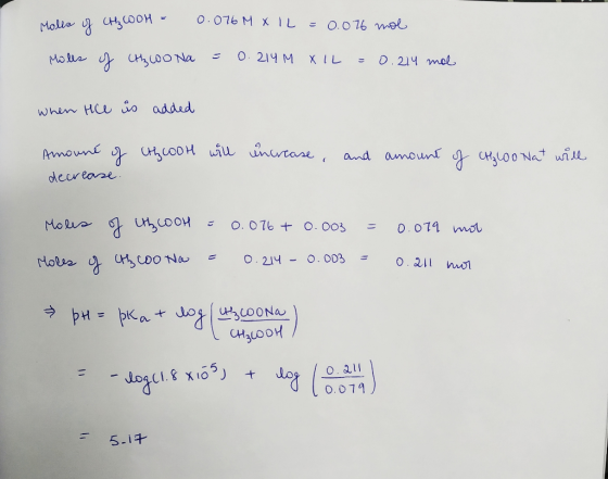 Molls of CH₃Col = 0.076 M X IL = 0.076 mol Moles of Cth 200 na = 0.214M XIL = 0.214 mal when Hill is added thcool will Amount