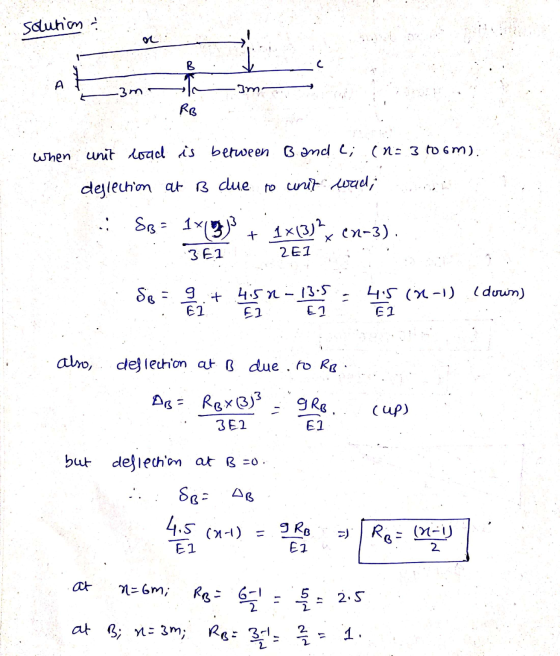 solution o -3m im RB when unit load is between B and e; (n=3 toom). deflechion at B due to unit wad; .. Sn = 1x(33 + 1x13)?x