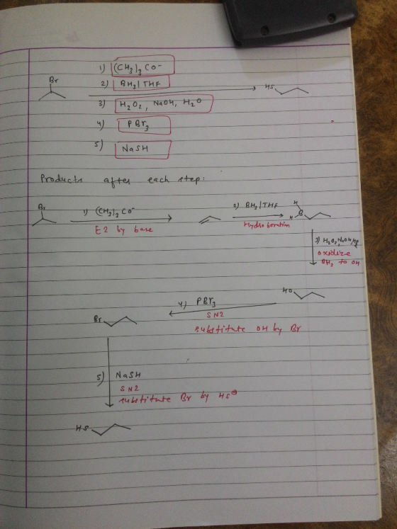 1) [(CH3), co- 2) | BHEITHE 3) H₂O₂, NaOH, H₂o. 4 [PBry 3) I Nash 7 Product Icta after after each step: 2) BH, THE リピg co E2
