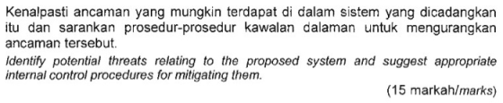 Kenalpasti ancaman yang mungkin terdapat di dalam sistem yang dicadangkan itu dan sarankan prosedur-prosedur kawalan dalaman