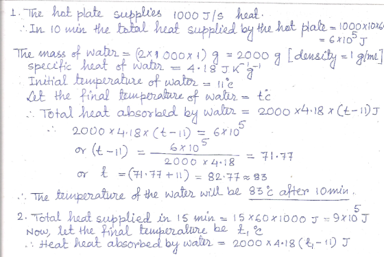 1. The hot plate Supplies 1000 J/S heat. ... In 10 mres the total heat supplied by the hot plate = 1000x10x6. Meat suppoea y