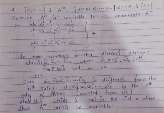 A= {a,b,c} & A² = {abcw, wy... waf we c A viss} Suppose A® be countable. Let us enumerate Ao abc wi w sw ... was abc we we? W