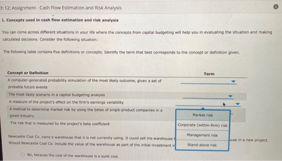 h 12: Assignment - Cash Flow Estimation and Risk Analysis 1. Concepts used in cash flow estimation and risk analysis You can