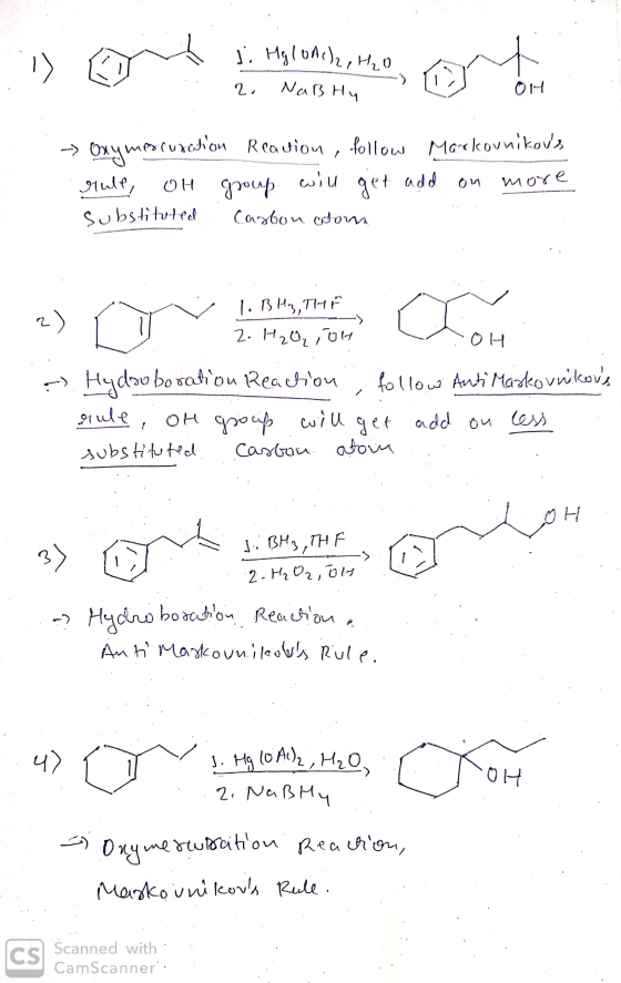 di Hg 100c)2, H₂O 2. Nars Hunzo, OM OH : - Oxymercuration rule, OH substituted Reaction follow Markovnikovs group will get a