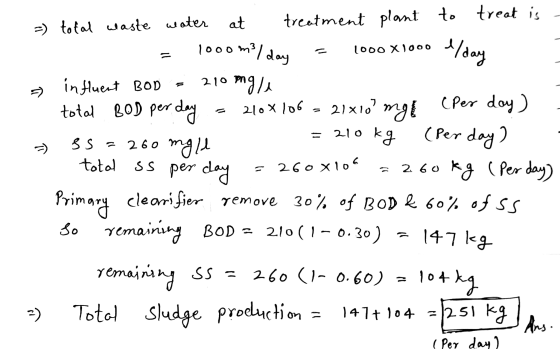 at 1000 X 1000 1000 m² I day 210 ongle 2108 106 21x10? 210 kg ss - =) total waste water treatment plant to treat is /day infl