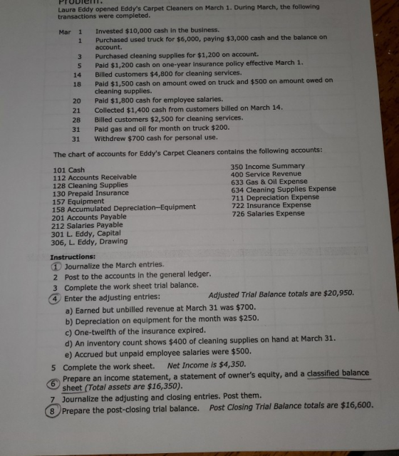 PTUDlen. Laura Eddy opened Eddys Carpet Cleaners on March 1. During March, the following transactions were completed. Mar 1