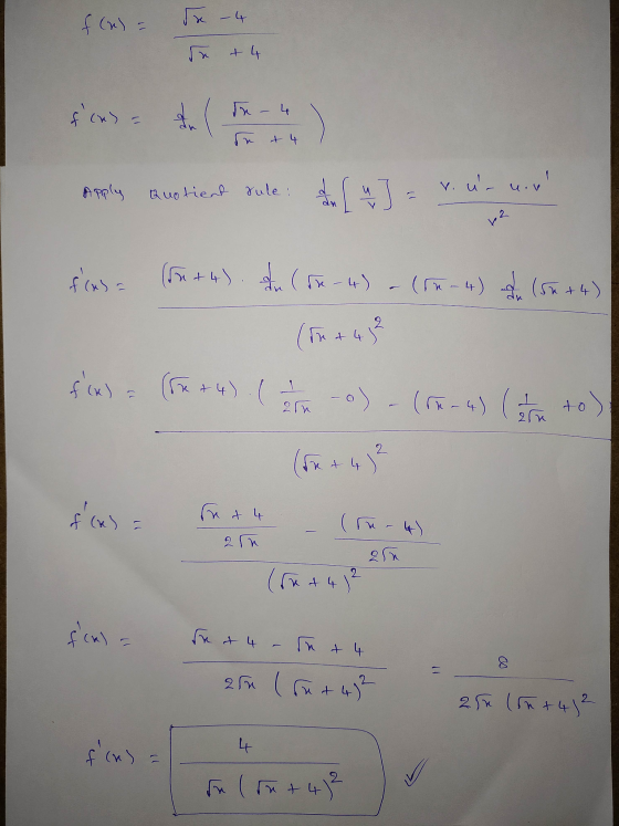 f (a) = - 4 e at 4 f(x) = an In - 4 de & 4 v. ur un Apply Quotient rule: an +2 fus (5x +4) In (5-4) -(84-4) de (54+4) 2 (int