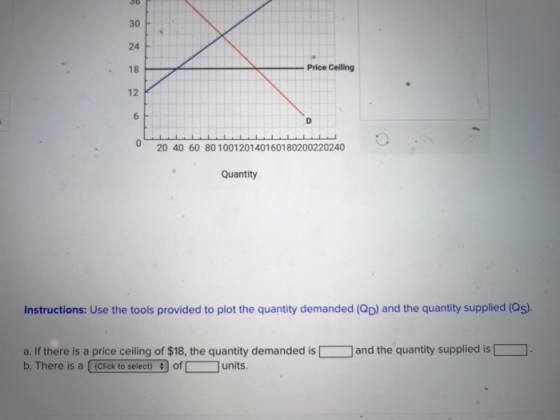 30 24 18 12 Price Celling 20 40 60 80 100120140160180200220240 Quantity Instructions: Use the tools provided to plot the quantity demanded (QD) and the quantity supplied (Qs). a. If there is a price ceiling of $18, the quantity demanded is b. There is a (Click to select) of units. and the quantity supplied is