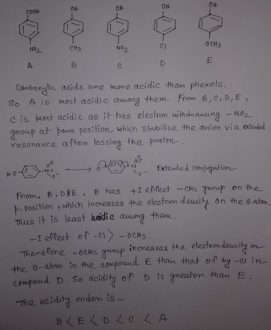 OH COOH OCHz NO2 NO2 CH3 A B C D E Camboxylic acids ane more acidic than phenols. So A is most acidic among them. From B, C,