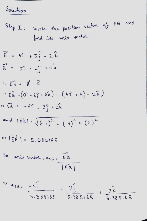 Solution and Step EB of EB I: Write the besition vector find its unit vector. E. 4 + 5 - 2 K B = of r zſ to -> Es = (i + 2q +