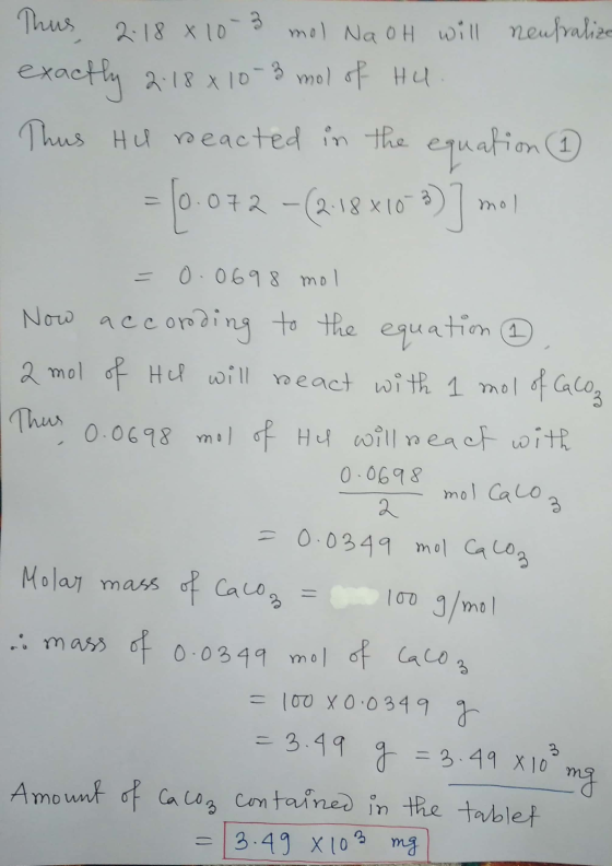 Thus, 2.18 x 10-3 mol NaOH will neutralize exactly 2.18 x 10-3 mol of HU. Thus HU reacted in the equation ④ =10.072 - (2-1881