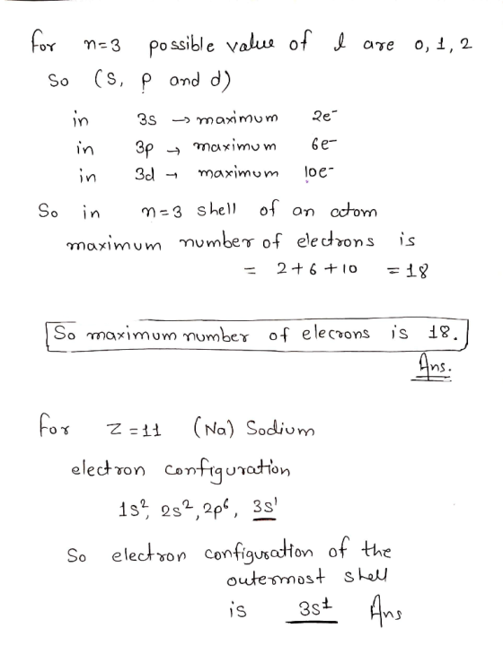 for n=3 possible value of I are 0, 1, 2 so (s, p and d) 1. in 35 maximum aé in 30 mciximo m ве- in 3d maximum loe- So in n=3