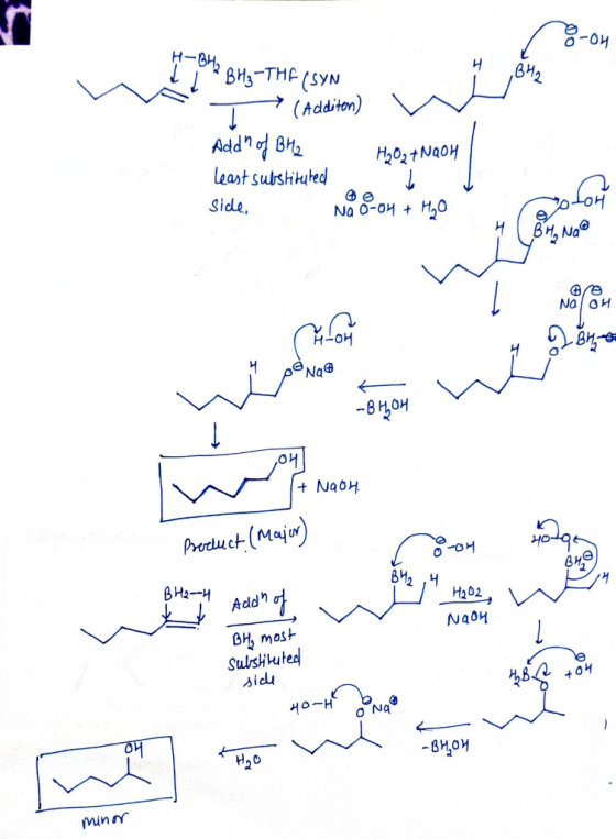 НАН -BA2 BH3-THF (SYN T (Additen) H₂O2 + NaOH Add of BH2 least substituted side. Nag-on + H₂O Nalou + NaOH. Prerelect (Major