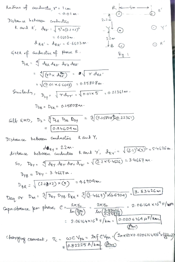 Radius of conductor, 8=1cm Rk sm 200lm Distance between conductors - R and R, ARR= [5²+(2.2 X2)² = 6.1603m. I BB a dRR = 6.6