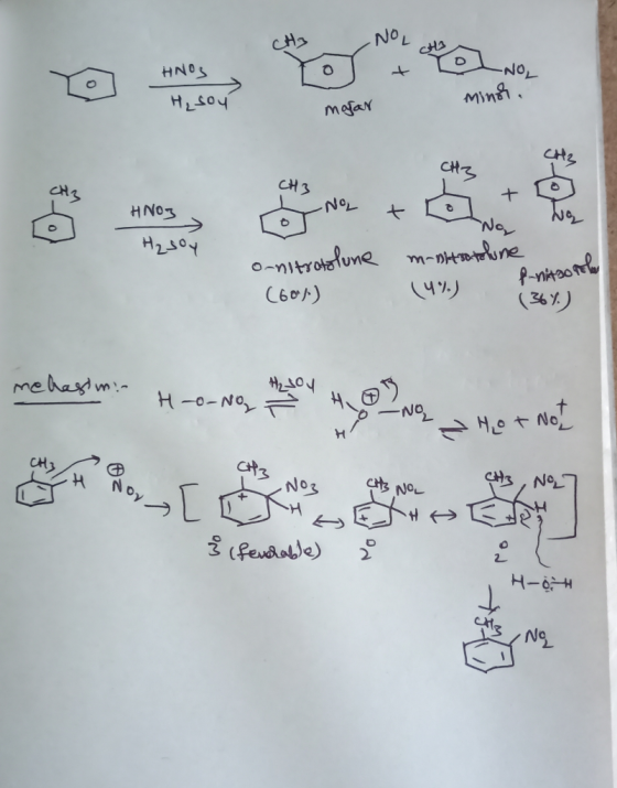 CH3 NO دہی HNO3 NO H2SO4 minor. magar CH3 HNO3 L NL t No ܨܘܥܕܪ o-nitroto lune mintstoline finitooth (60) (4%) (36%) medesim.