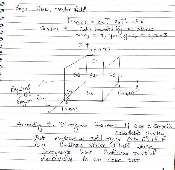 Solna Given, vector field F(x, y, z) = 2x i-2y7 + Z2 R. Surface se Cube bounded by the planes 230, 233, Y=0,=3, 730,7=3 Z. to