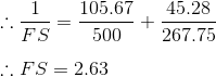 \\\therefore \frac{1}{FS}=\frac{105.67}{500}+\frac{45.28}{267.75}\\\\ \therefore FS=2.63