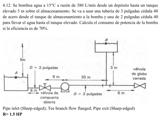 4.12. Se bombea agua a 15°C a razón de 380 L/min desde un depósito hasta un tanque elevado 5 m sobre el almacenamiento. Se va