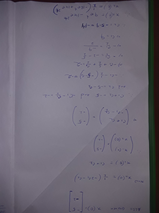 2 Now wx (0) = ² (-29 - (2) x. (0) = Circa 6:03 - 2 C 1 and C, C = -2 Ciel2 = -5 and and C2 =-5-C1 ::-2, - ž ( -5- 6) = -2 -